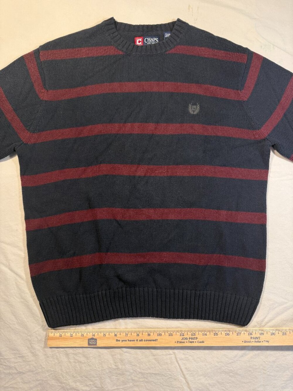 CHAPS Mens XL Gray Burgundy Striped Cotton Knit Crewneck Sweater Holiday Gift